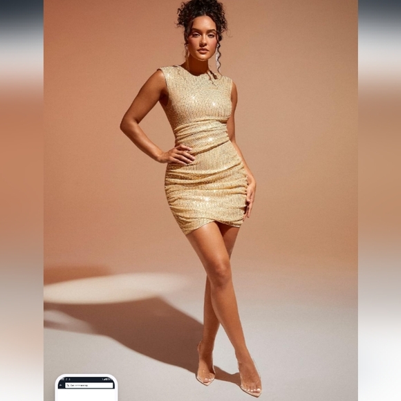 SHEIN BAE Gold Sequin Ruched Mini Dress Size Large - Picture 1 of 15